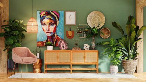 Bright bedroom with tropical-print throw pillows