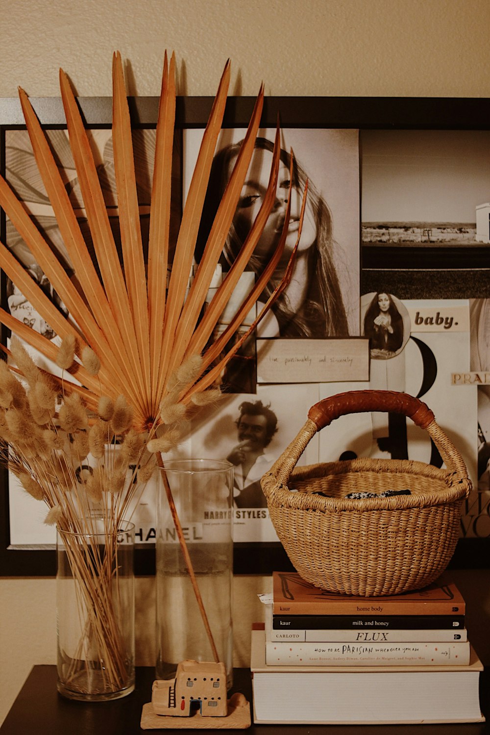 brown woven basket on glass table