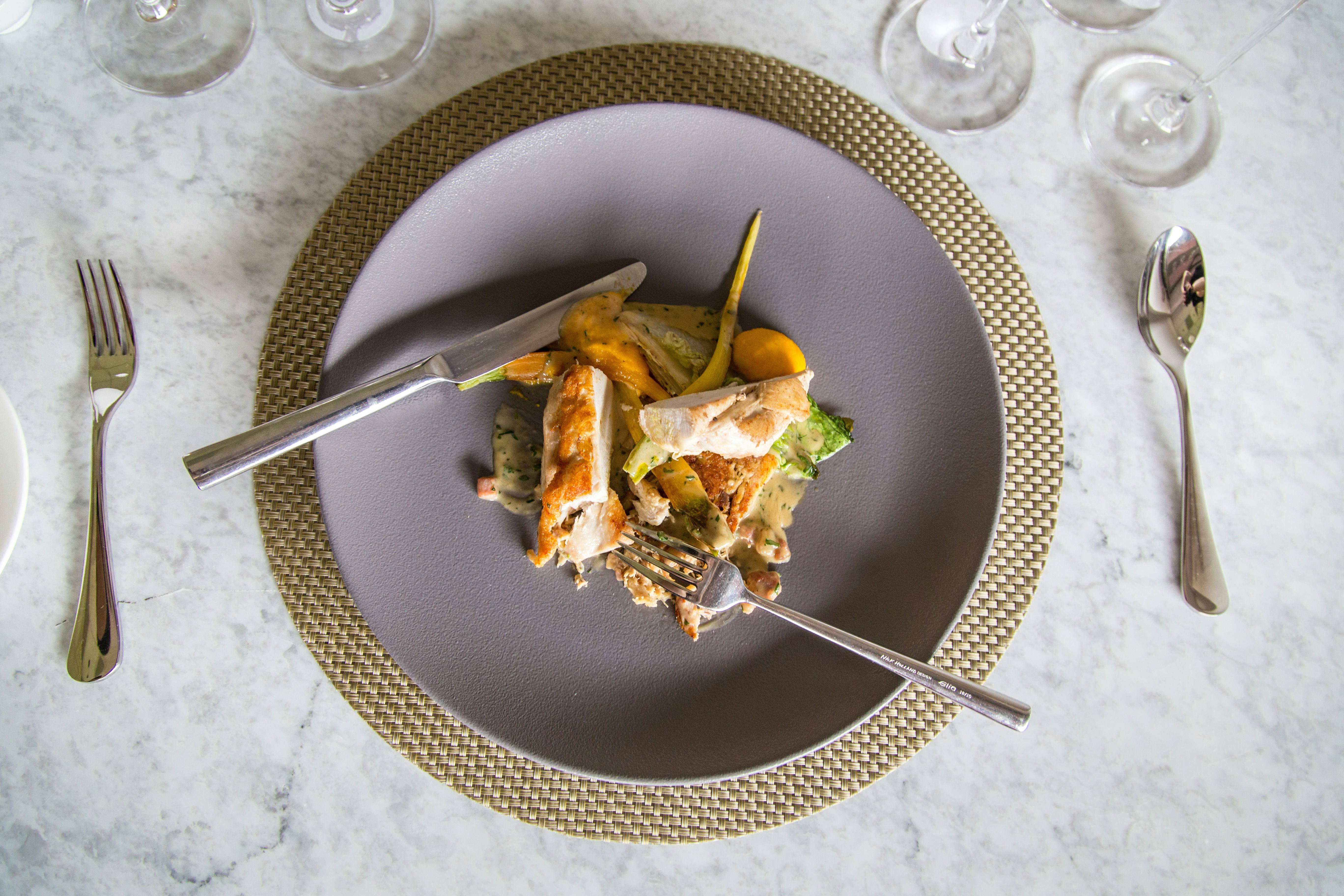 stainless steel fork on round white ceramic plate, 