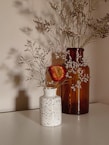 Two decorative vases are placed on a flat surface. The smaller vase is speckled white with a narrow neck, containing dried plants and a single red and yellow flower. The larger vase is brown and translucent, also filled with delicate, dried stems. Shadows of the plants are cast on the background wall, creating a soft, atmospheric effect.