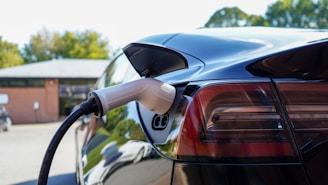 An electric vehicle is plugged into a charging station, with the cable connected to the car's port. The sleek black surface of the car is contrasted by the clear blue sky and the surrounding green foliage in the background.