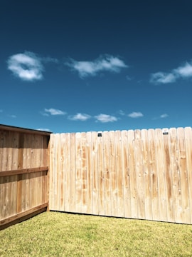 A tall wooden fence borders a grass lawn under a clear blue sky with scattered white clouds.