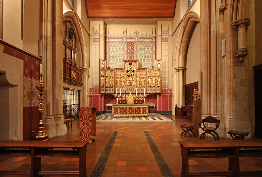 brown wooden bench inside church