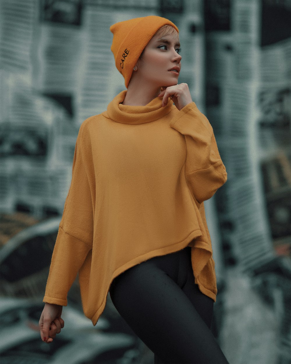 woman in yellow hijab and black leggings