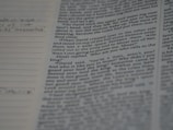 A close-up of a handwritten manuscript with neat corrections in red ink.