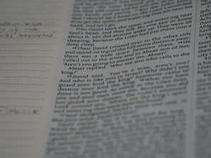A close-up of hands reviewing a printed manuscript with notes and a golden orange pen.