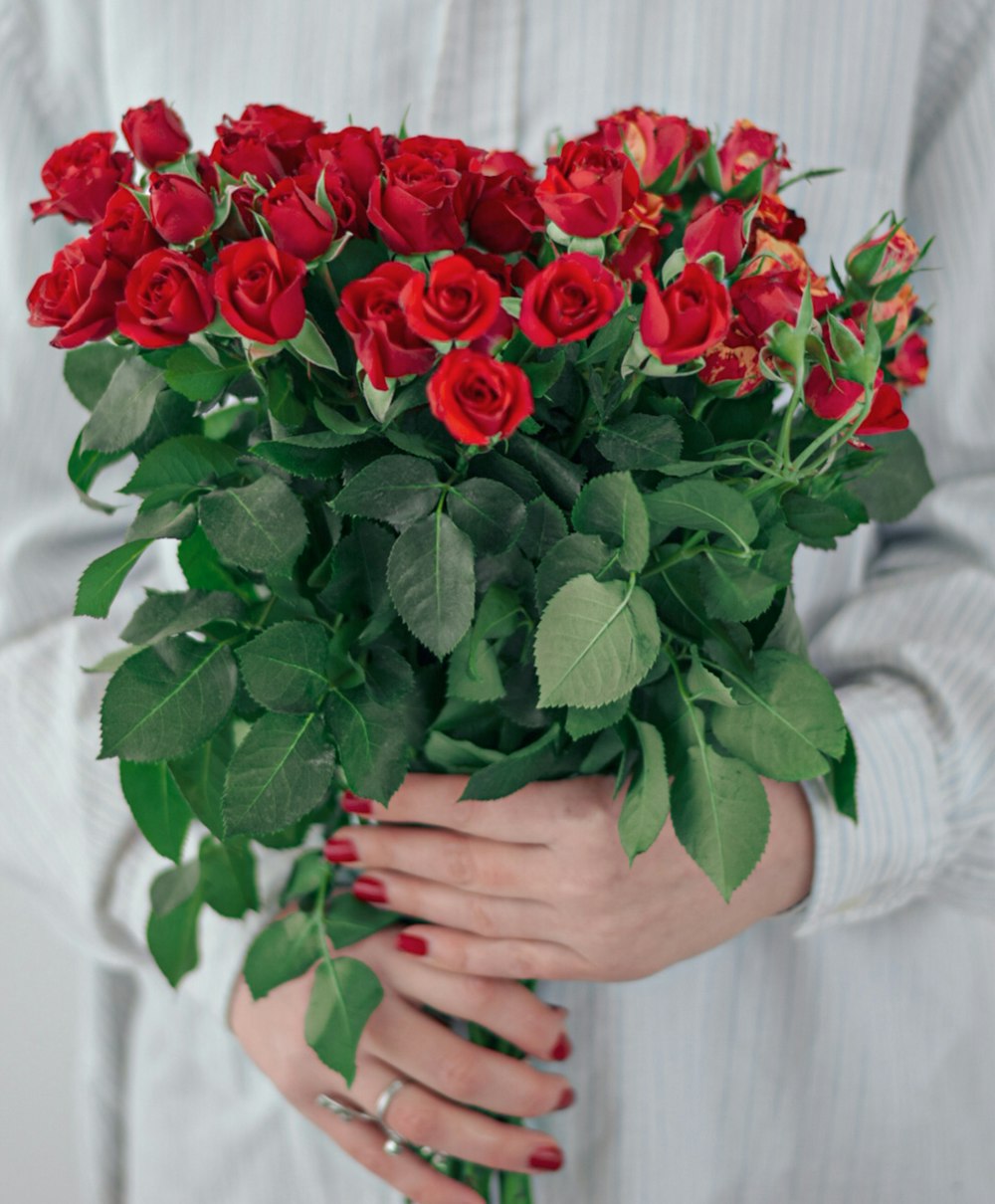 赤いバラの花束を持つ人