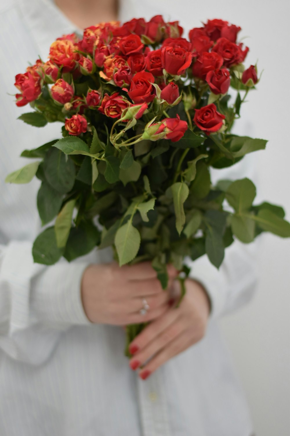 personne tenant un bouquet de roses rouges