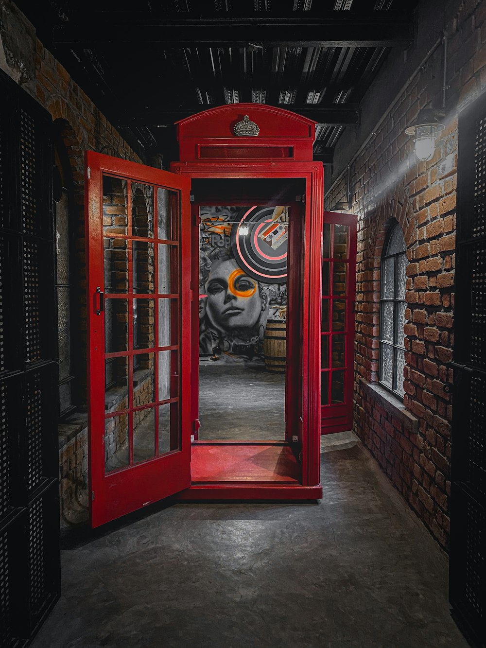 red wooden framed glass door