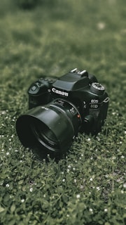 A professional camera sits on a bed of green grass, surrounded by small white flowers. The focus is on the camera, highlighting its sleek design and lens. The background is blurred, emphasizing the texture and details of the grass and flowers.