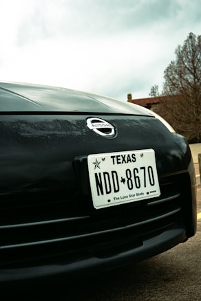 Close-up view of a car's front end featuring a Texas license plate with the number NDD 8670. The Nissan logo is prominently displayed above the license plate. In the background, there are trees and part of a building, with an overcast sky.