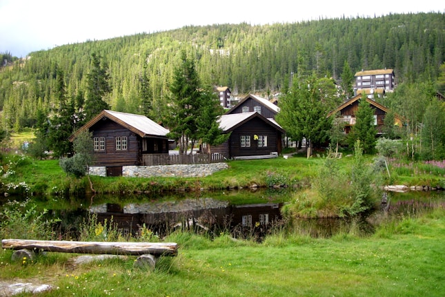 A cluster of wooden cabins surrounded by lush greenery and tall pine trees is reflected in a calm pond. The scene is set in a mountainous area, evoking a peaceful and idyllic rural setting.