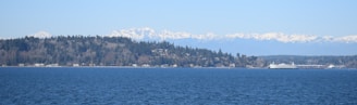 A serene view of Orcas Island shoreline with a Washington State ferry approaching in the distance under a clear blue sky.