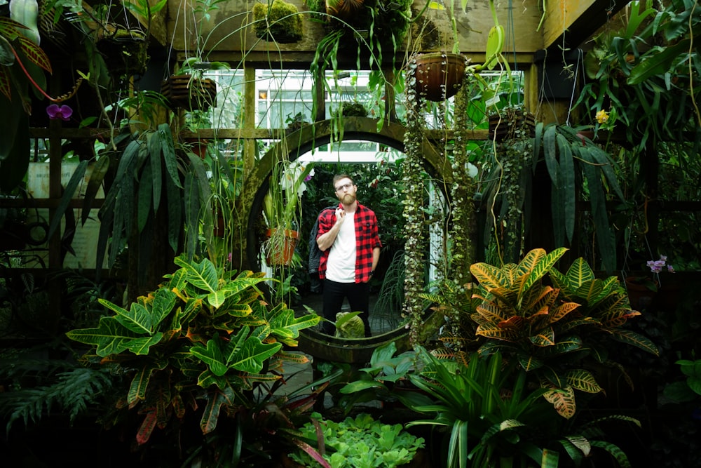 man in red and white long sleeve shirt standing beside green plants