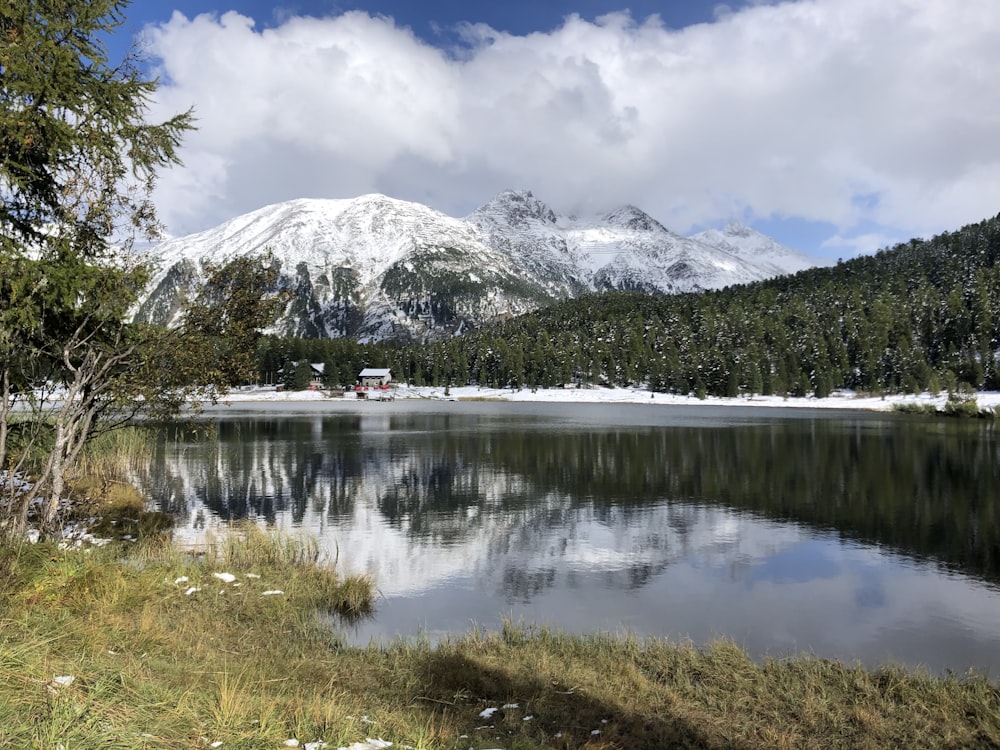 lake near snow covered mountain under white clouds and blue sky during daytime