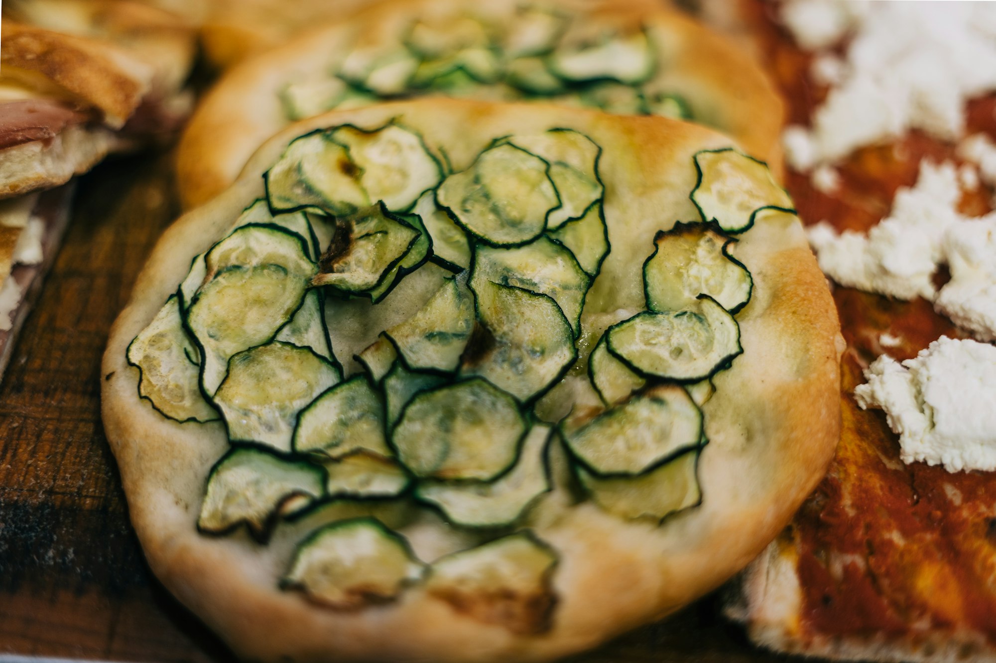 A typical variety of Roman pizza or "pizzetta" topped with zucchini