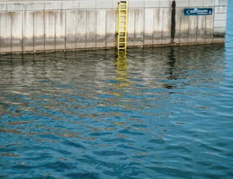 A concrete wall with vertical weather stains stands above a body of water with gentle ripples. A bright yellow ladder is attached to the wall, extending into the water. A blue sign on the wall indicates 'Gjestehavn' with additional text in smaller print.