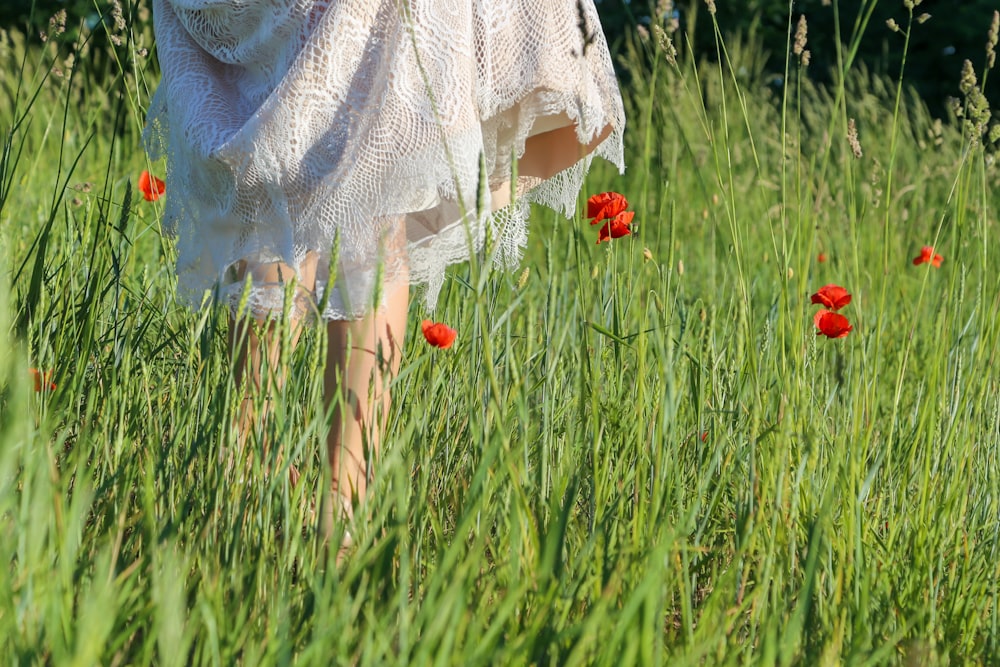 mulher no vestido branco que anda no campo verde da grama durante o dia