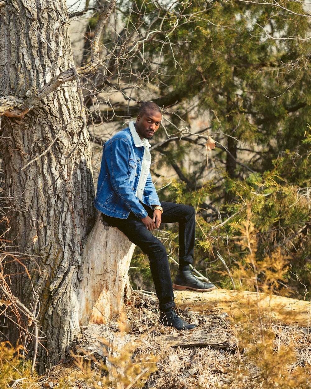 man in blue dress shirt and black pants sitting on brown tree trunk during daytime