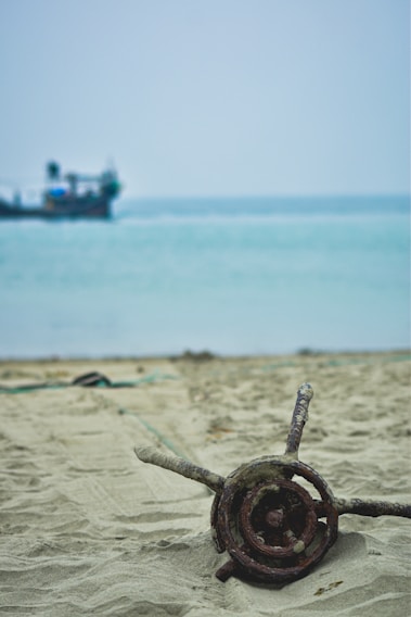 A close-up shot of a weathered ship's wheel with the ocean horizon in the background under a cloudy sky.