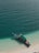 A traditional longtail boat is anchored at the edge of a pristine beach with clear turquoise water gently lapping against the shore. The boat is partially shaded by a green canopy, and orange flotation devices are visible on the deck.