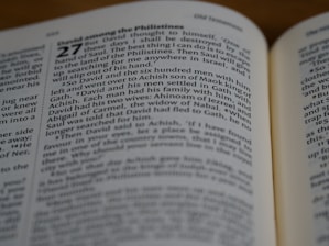 A close-up of a page from a book displaying text with headings and paragraph numbers. The text is clear and printed in a serif font on off-white paper. The visible text includes narrative content, likely from a religious or historical document.