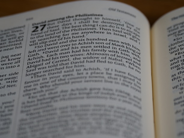 A close-up of a page from a book displaying text with headings and paragraph numbers. The text is clear and printed in a serif font on off-white paper. The visible text includes narrative content, likely from a religious or historical document.