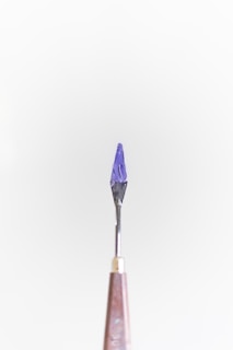 A small tool with a pointed, dark purple tip is centered against a plain light background. The handle is metallic, tapering down towards the tool's sharp end.