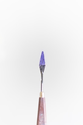 A small tool with a pointed, dark purple tip is centered against a plain light background. The handle is metallic, tapering down towards the tool's sharp end.
