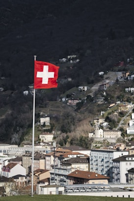 A Swiss flag prominently waves on a flagpole in the foreground. The background features a quaint European town nestled against a dark, forested hillside. The town showcases several pastel-colored buildings with brown roofs, surrounded by patches of greenery and small roads.