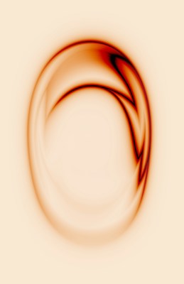 An abstract design featuring smooth, curved lines and a gradient blending of colors. The colors appear to transition from a deep reddish-brown to a soft beige, creating a striking contrast. The shape resembles a stylized oval or loop with a flowing, liquid-like appearance.