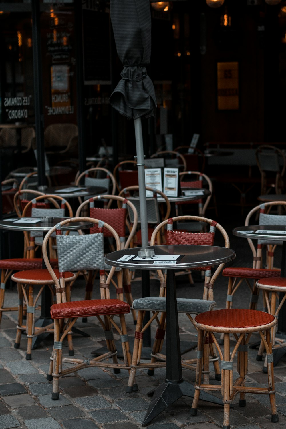 round brown wooden table with chairs set