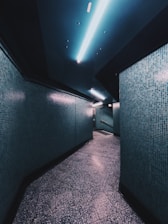 Modern hallway leading to rooms with navy blue and electric blue accents.