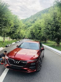 A shiny red car is parked on a narrow road lined with lush green trees. The road is flanked by a painted curb. A person is crouched down near the car, possibly inspecting it. In the background, there are forested hills under a partly cloudy sky.