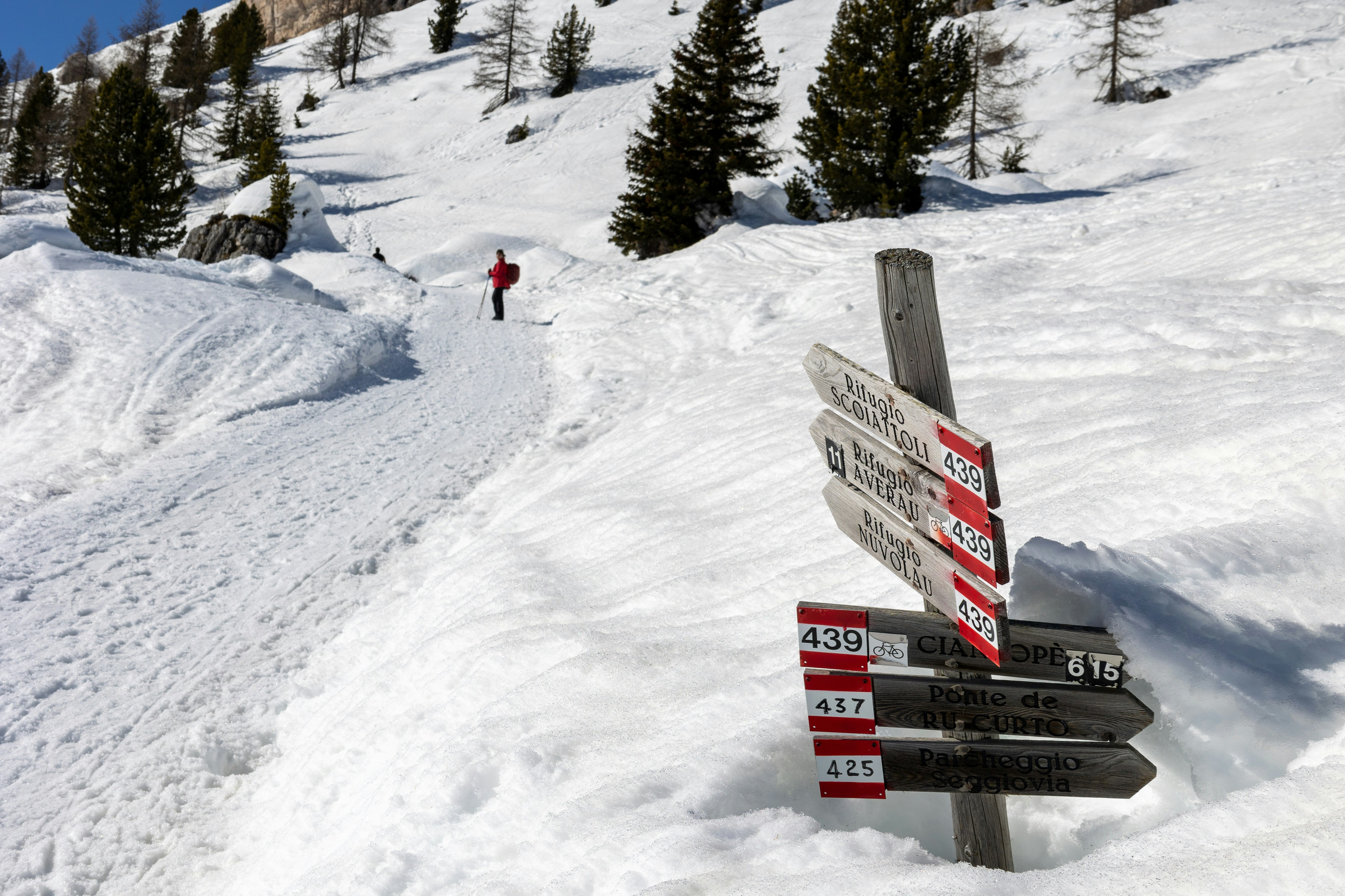 people on snow covered field during daytime, Walk along the path to the refuge Scoiattoli.