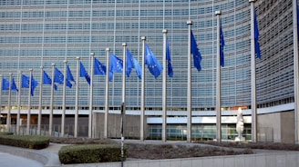 Several blue flags with yellow stars are arranged on tall flagpoles in front of a large, modern office building with a grid-like glass facade. The flags are gently waving and are representative of the European Union.