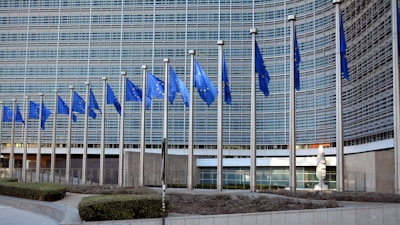 Several blue flags with yellow stars are arranged on tall flagpoles in front of a large, modern office building with a grid-like glass facade. The flags are gently waving and are representative of the European Union.