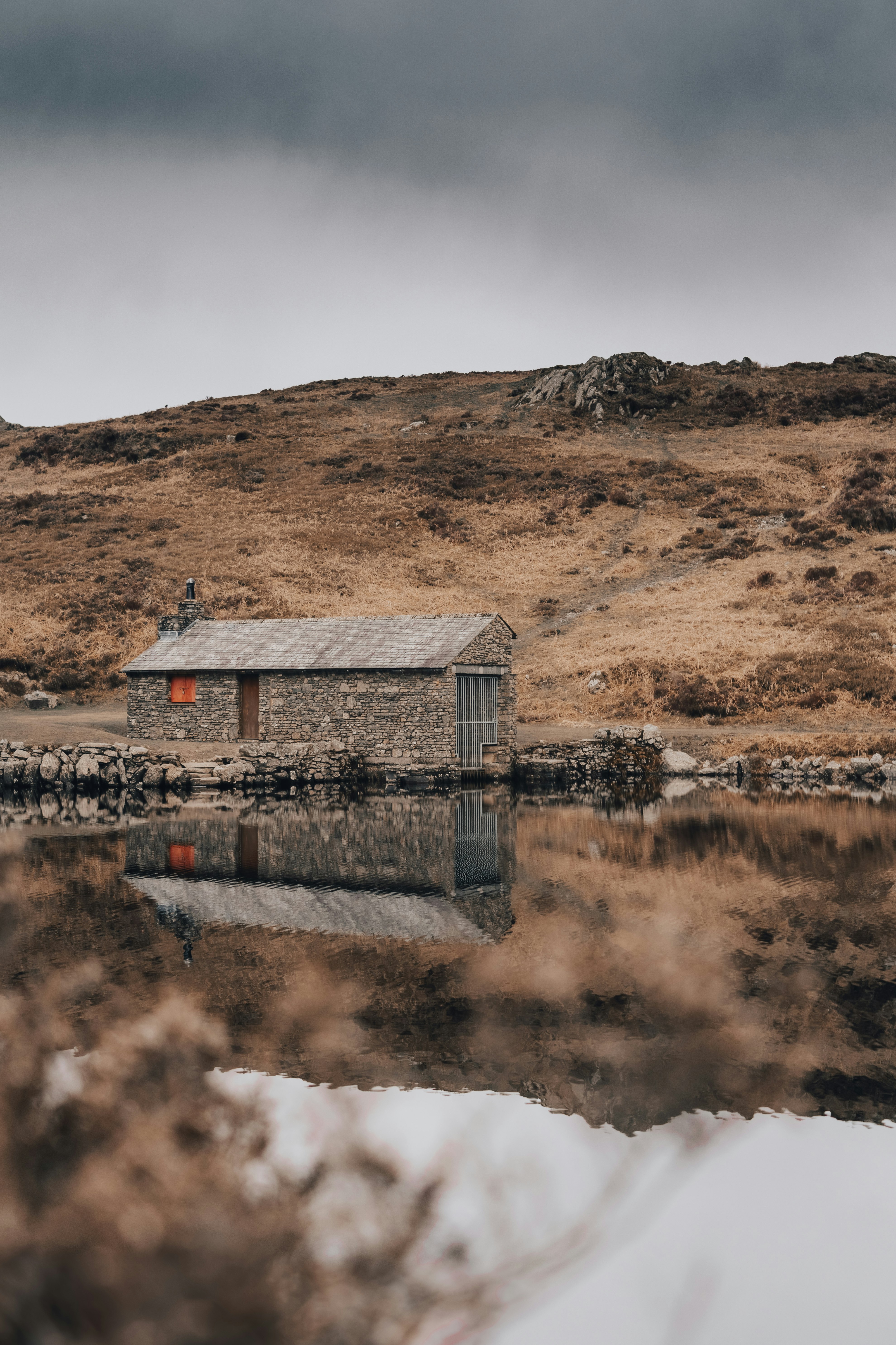 brown wooden house on brown field near lake during daytime