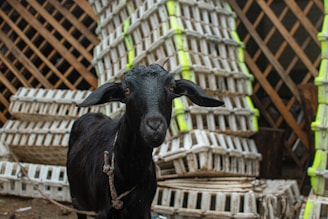 A black goat stands in front of a stack of wooden crates. The goat has a rope around its neck and is looking directly at the camera. The background consists of a lattice structure made of wood and several crates stacked haphazardly.