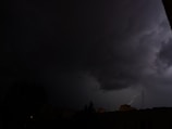 Dark stormy sky with heavy clouds and a visible bolt of lightning illuminating the scene, silhouetting a cityscape in the foreground.