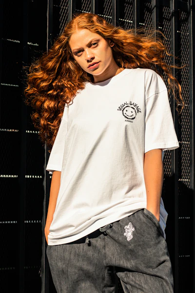 Woman in a white crew-neck t-shirt