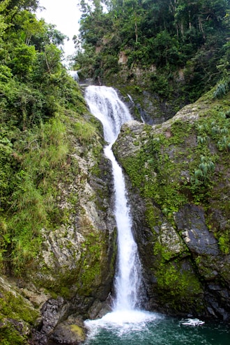 waterfalls in the middle of green grass covered mountain