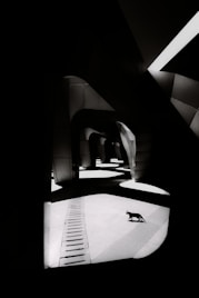 grayscale photo of car in tunnel
