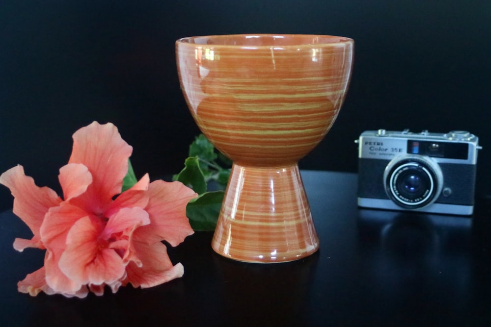 pink roses beside brown ceramic vase