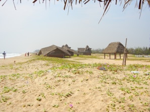 A beach scene with several thatched-roof huts scattered on sandy terrain. Sparse vegetation with green vines and purple flowers grows on the sand. The ocean is visible to the left with gentle waves, and a few people stroll along the shoreline. The sky is clear with a soft haze in the background.