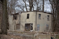 An abandoned, two-story brick building stands in a wooded area, with broken windows and boarded-up entrances. The area surrounding the building is covered in leafless trees and dry, brown foliage, indicating a winter or early spring setting. Graffiti is visible on the structure, adding to the sense of neglect and decay.