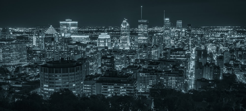grayscale photo of city buildings during night time
