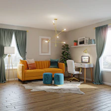 A cozy, colorful living room showcasing a mix of rugs, decorative tiles, and stylish desk chairs from Havencraft.