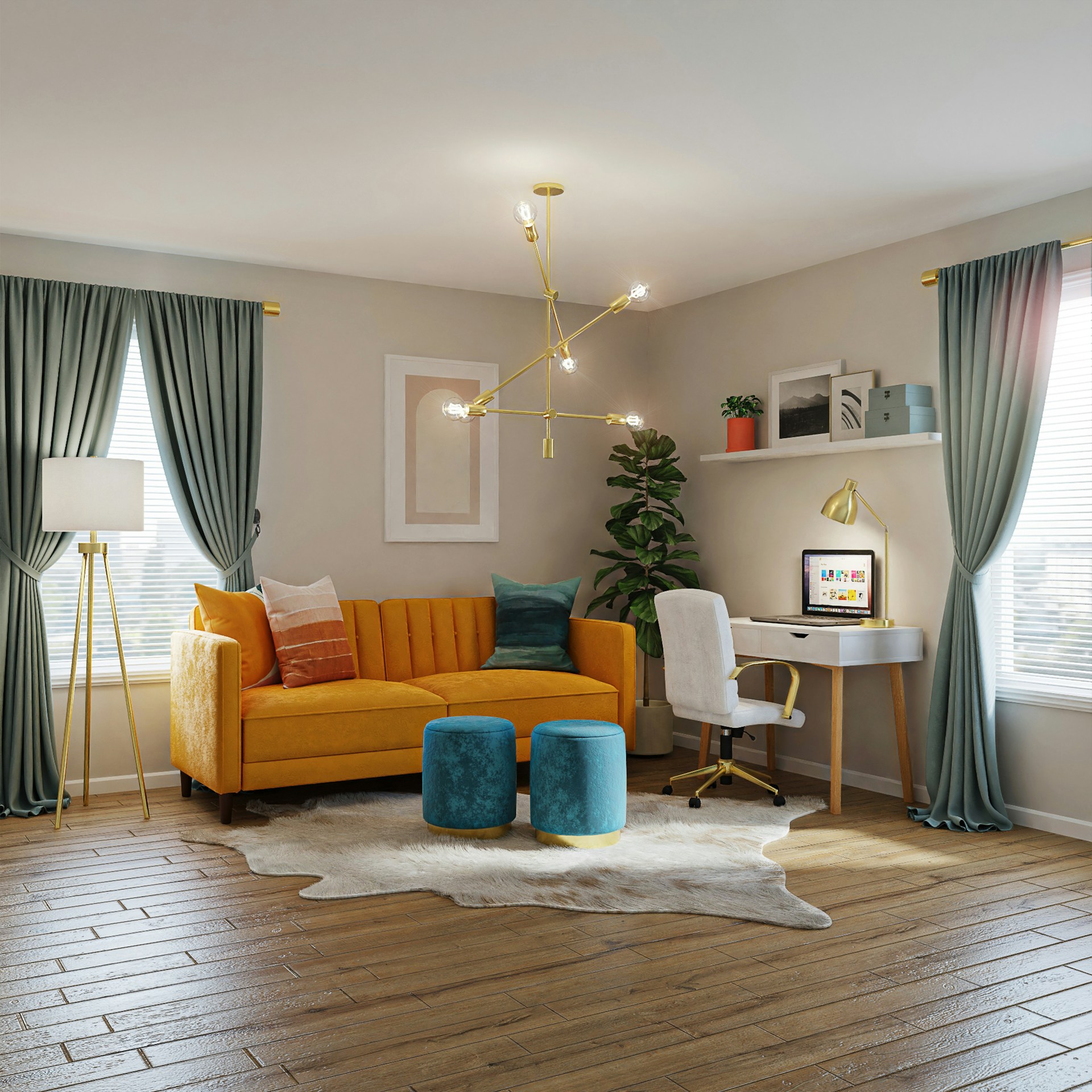 brown sofa near white table lamp