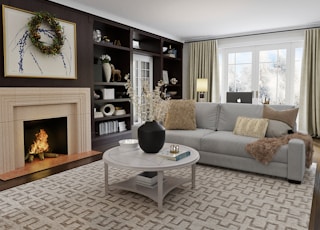 black and white round table near brown sofa